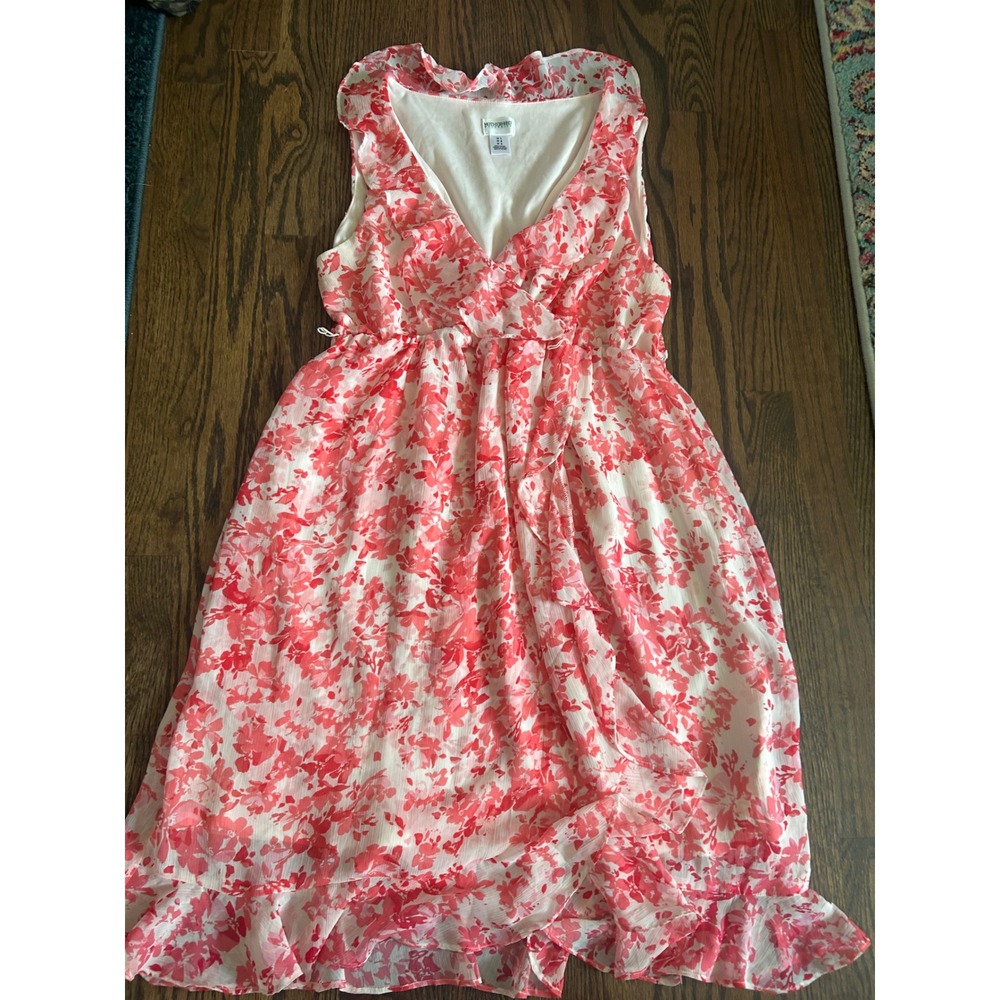 Motherhood Maternity Dress Pink Floral Ruffle Faux Wrap High Low Summer V-Neck L